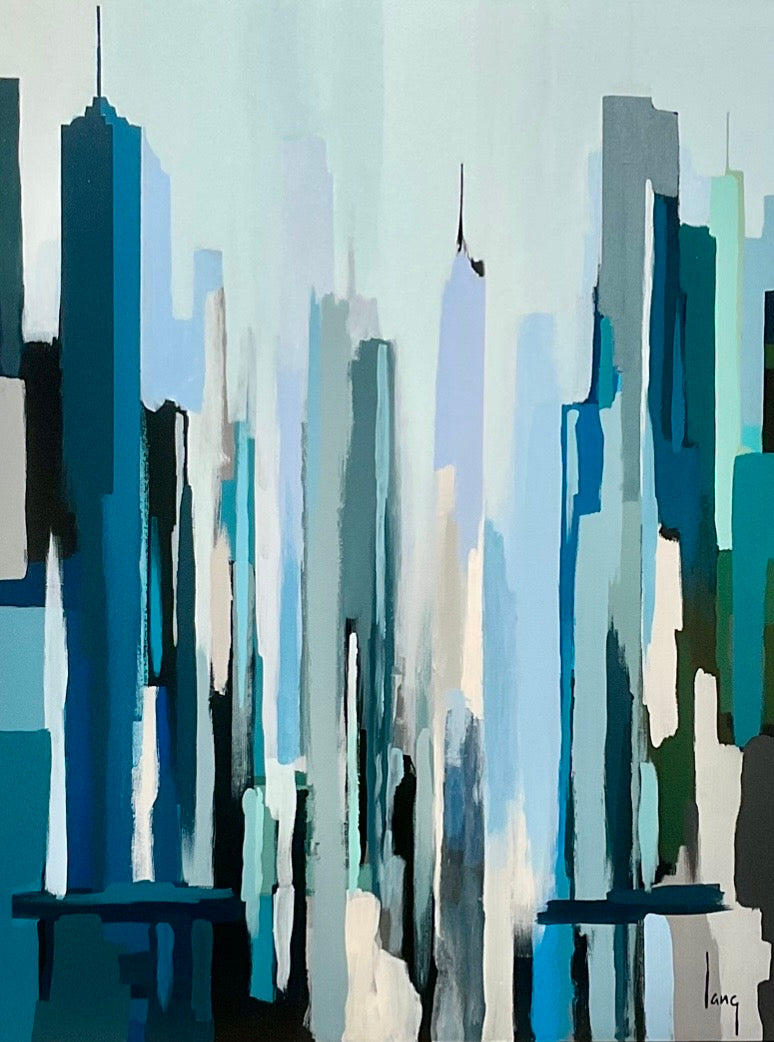 Downtown In Blue – original abstract cityscape painting by Gregory Lang